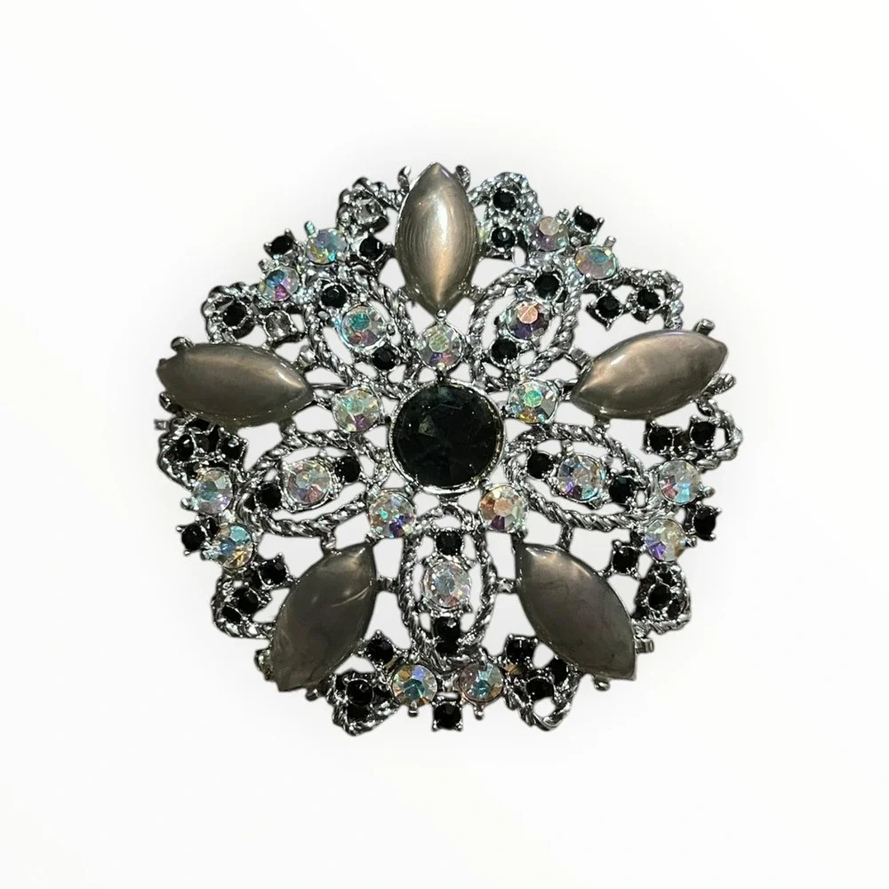 Vintage Emmons Silver Tone Aurora Borealis Black Rhinestone Filigree Brooch